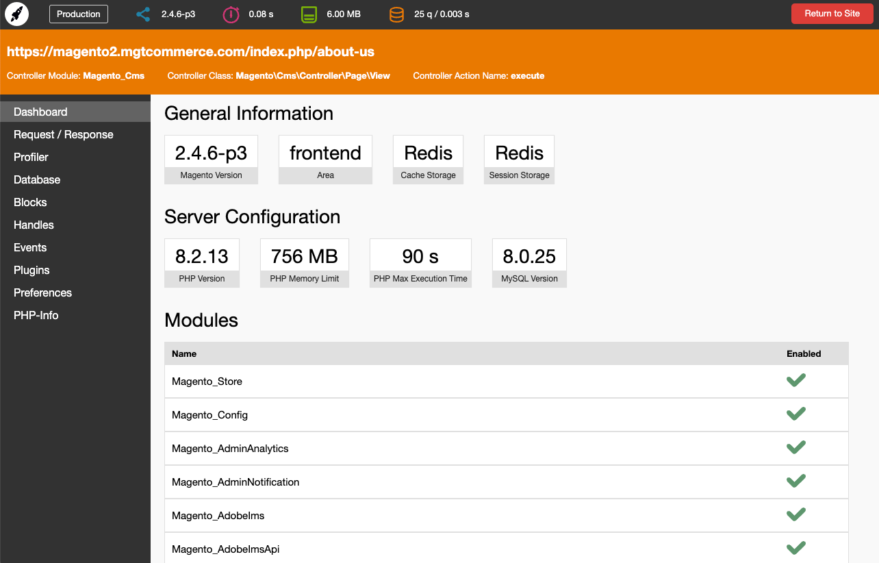 MGT Developer Toolbar - Dashboard